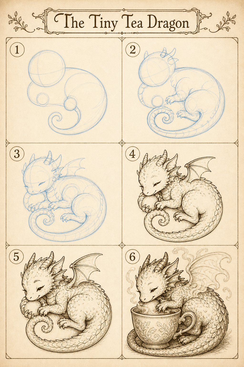 The Tiny Tea Dragon six-step dragon drawing tutorial plate