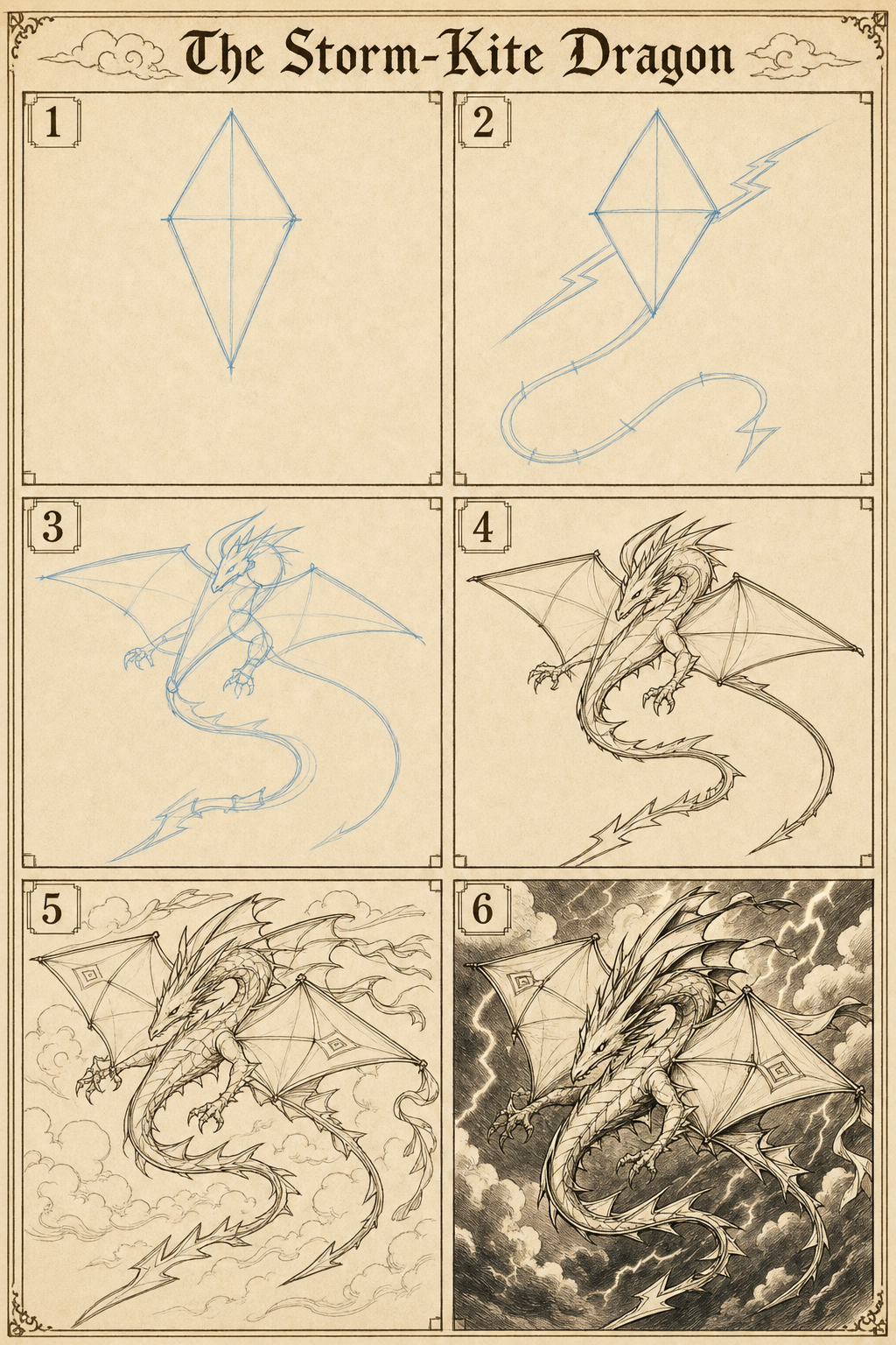 The Storm-Kite Dragon six-step dragon drawing tutorial plate