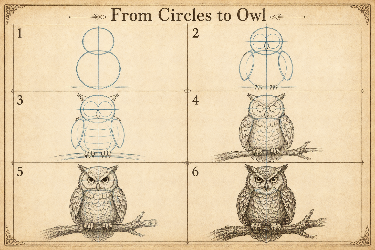 How to Draw an Owl tutorial plate 1: From Circles to Owl