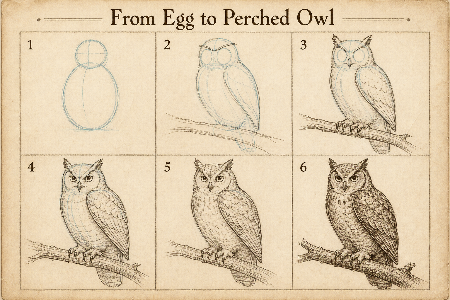 How to Draw an Owl tutorial plate 2: From Egg to Perched Owl