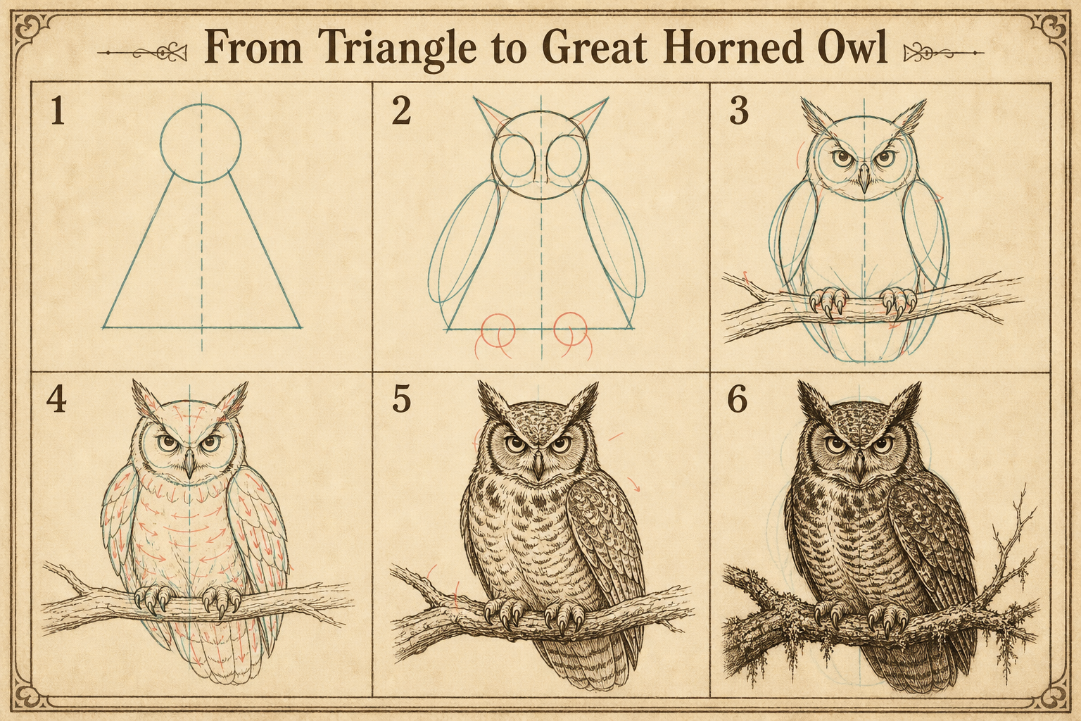 How to Draw an Owl tutorial plate 3: From Triangle to Great Horned Owl
