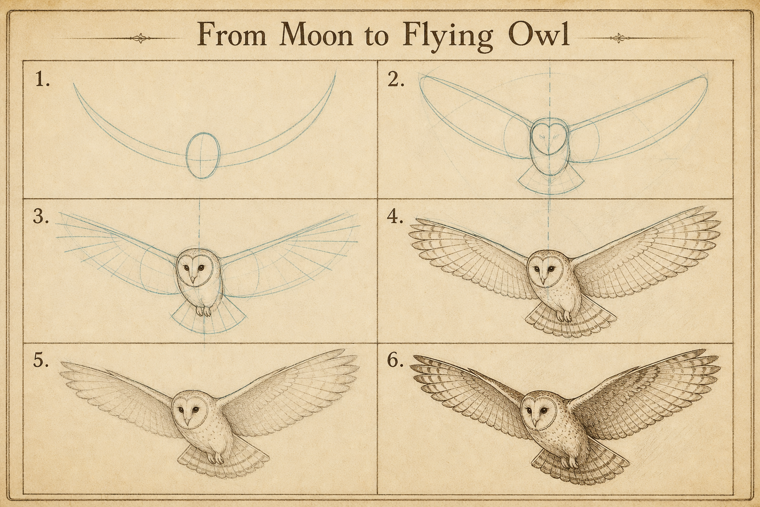 How to Draw an Owl tutorial plate 4: From Moon to Flying Owl