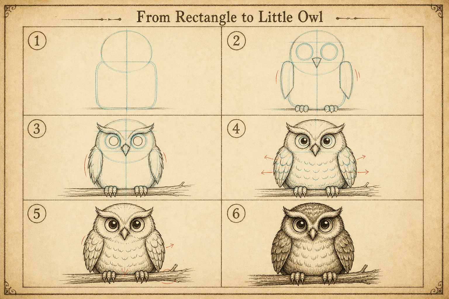 How to Draw an Owl tutorial plate 5: From Rectangle to Little Owl