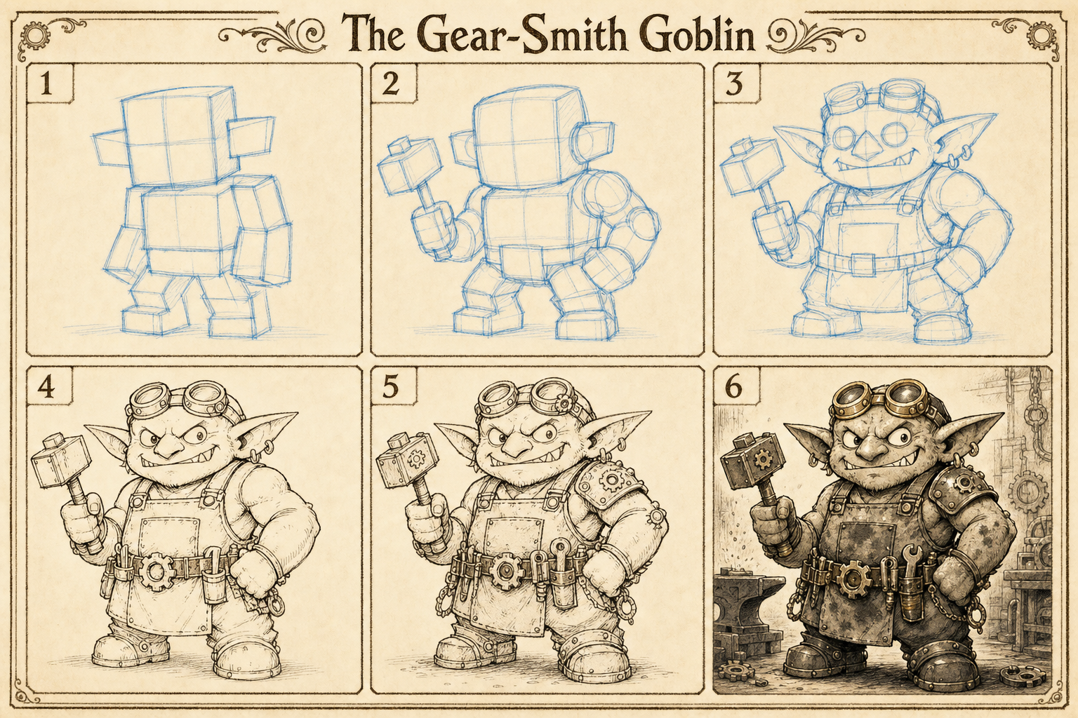 The Gear-Smith Goblin six-step drawing tutorial plate