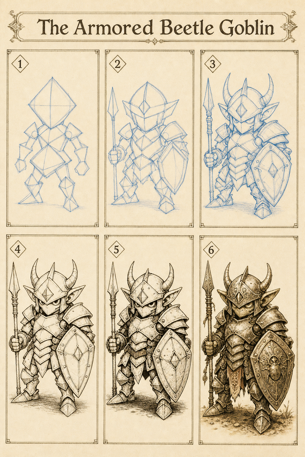 The Armored Beetle Goblin six-step drawing tutorial plate
