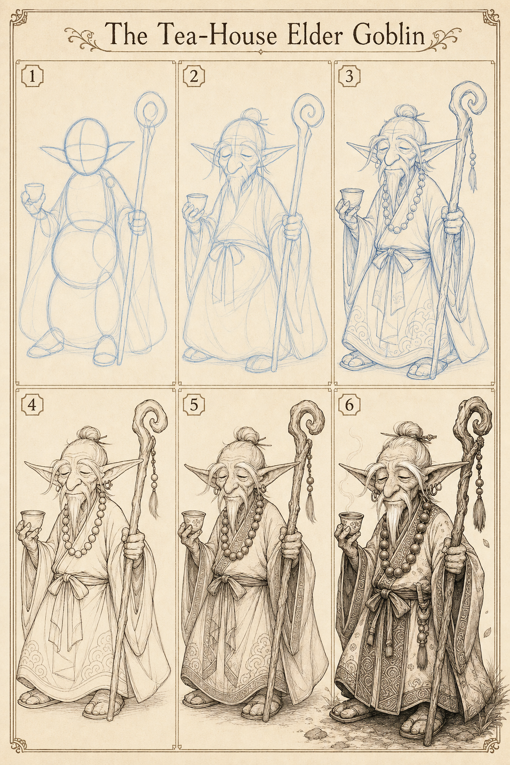The Tea-House Elder Goblin six-step drawing tutorial plate